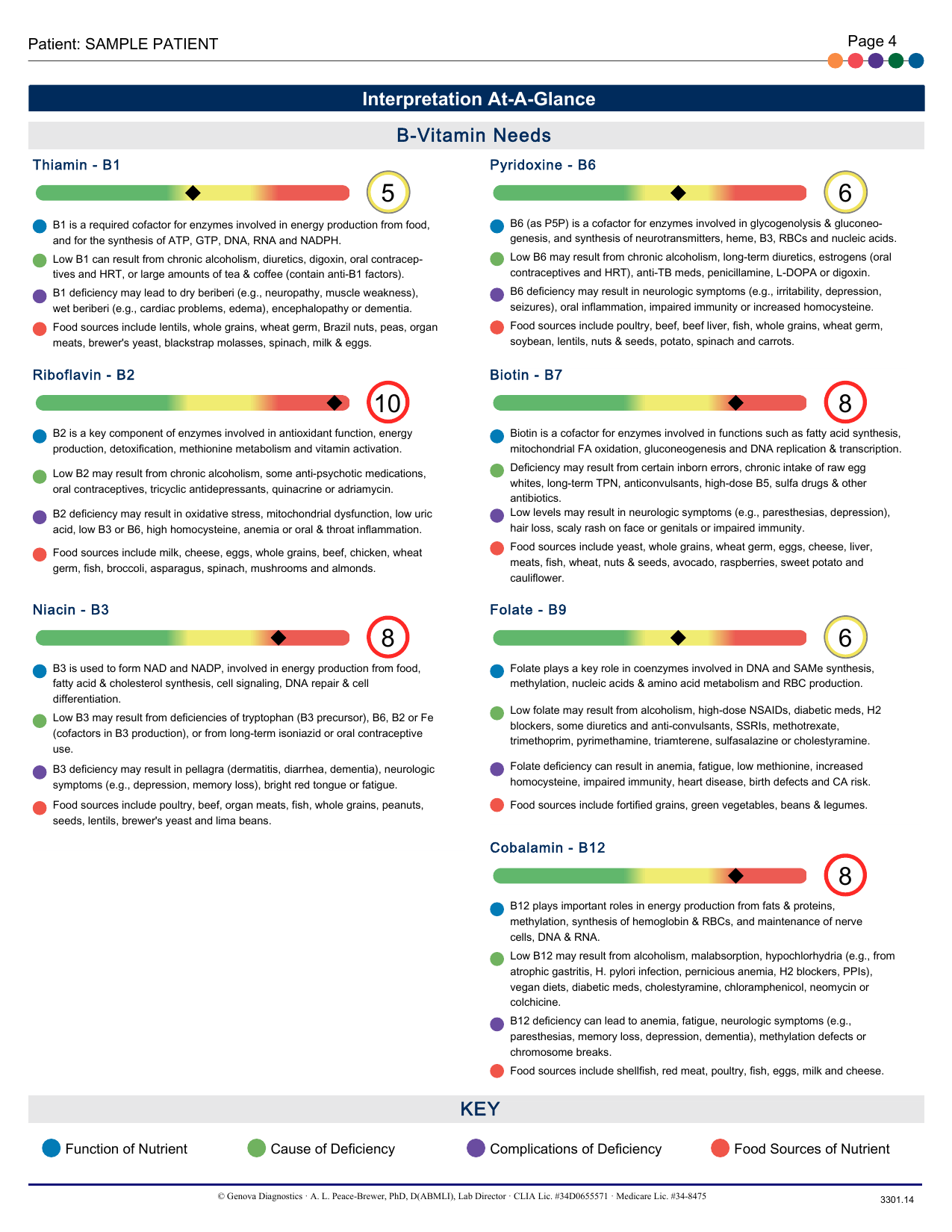 Página de interpretação das necessidades de vitaminas do complexo B do laudo Organix